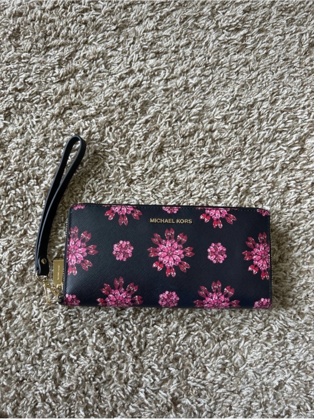 Michael Kors Black Wristlet Wallet with Pink Floral Print
